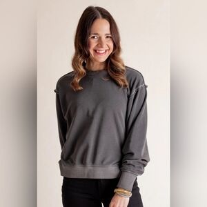 NWOT Zenana Outfitters Mineral Wash Charcoal Crew Neck Sweater PTP 24 Length 23